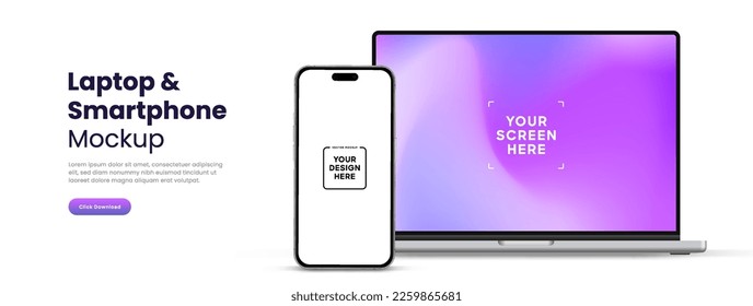 Modern laptop mockup front view and smartphone mockup high quality isolated on white background. Notebook mockup and phone device mockup for ui ux app and website presentation Stock Vector.