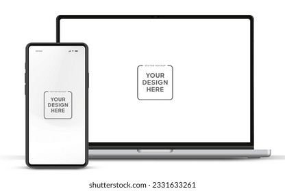 Modern laptop mockup front view and smartphone mockup high quality isolated on white background. Notebook mockup and phone device mockup for ui ux app and website presentation Stock Vector.