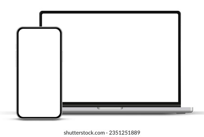 Modern laptop mockup front view and smartphone mockup high quality isolated on white background. Notebook mockup and phone device mockup for ui ux app and website presentation Stock Vector.