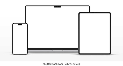 Modern laptop mockup front view and high quality smartphone and tablet mockup isolated on white background. Notebook mockup and phone device mockup for ui ux app and website presentation