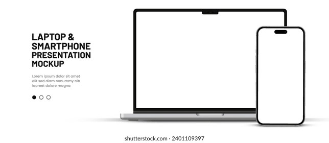 Moderna vista frontal de simulación de portátil y simulación de smartphone de alta calidad aislado en fondo blanco. Broma de equipos portátiles y simulación de dispositivos de teléfono para la aplicación ui ux