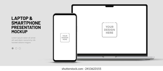 Modern laptop mockup front view and smartphone mockup high quality isolated on white background. Notebook mockup and phone device mockup for ui ux app and website presentation Stock Vector