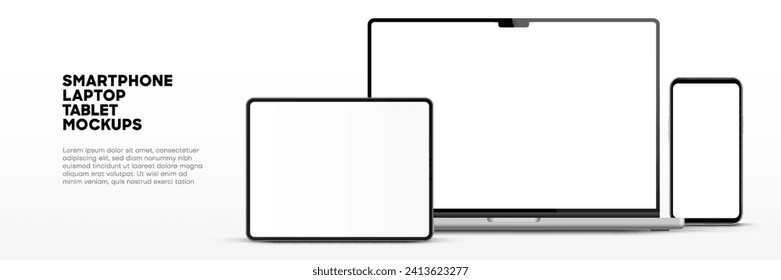 Moderna vista frontal de simulación de portátil y simulación de smartphone y tablet de alta calidad aislados en fondo blanco. Mockup para portátiles y simulación de dispositivos de teléfono para ui ux app y presentación de sitios web.Vector de stock.