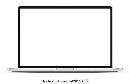 Vista frontal moderna de la maqueta del ordenador portátil sobre fondo blanco. Modelo de dispositivo de maqueta de cuaderno para ui ux aplicación y presentación del sitio web Vector de stock.