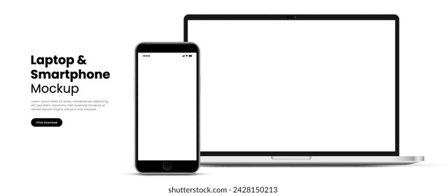 Modern laptop mockup front view and smartphone mockup high quality isolated on white background. Notebook mockup and phone device mockup for ui ux app and website presentation Stock Vector.