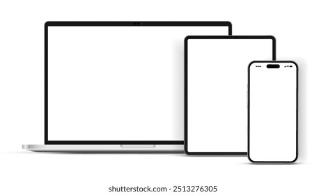 Vista frontal de la maqueta del ordenador portátil moderno y la maqueta del smartphone y de la tableta de alta calidad aislados en el fondo blanco. Maqueta de portátil y maqueta de dispositivo de teléfono para ui ux App y presentación de Sitio web. Vector de stock.