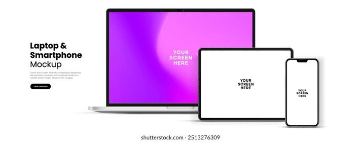 Modern laptop mockup front view and high quality smartphone and tablet mockup isolated on white background. Notebook mockup and phone device mockup for ui ux app and website presentation.Stock Vector.