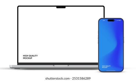 Modern laptop mockup front view and smartphone mockup high quality isolated on white background. Notebook mockup and phone device mockup for ui ux app