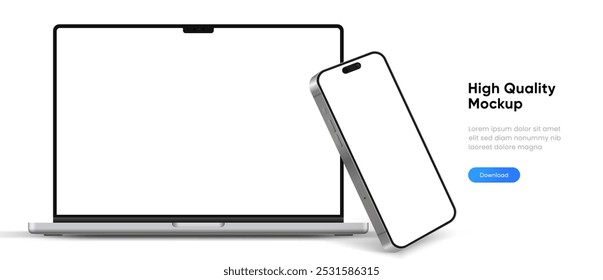 Modern laptop mockup front view and smartphone mockup high quality isolated on white background. Notebook mockup and phone device mockup for ui ux app