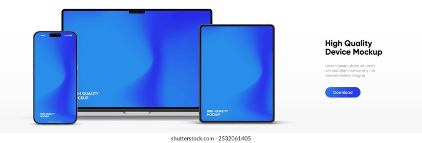 Modern laptop mockup front view and high quality smartphone and tablet mockup isolated on white background. Notebook mockup and phone device mockup for ui ux app and website presentation.Stock Vector.