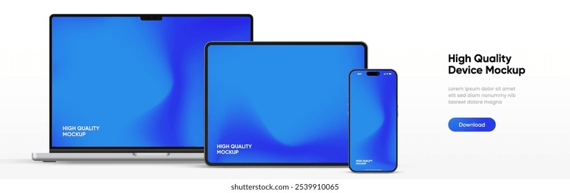 Modern laptop mockup front view and high quality smartphone and tablet mockup isolated on white background. Notebook mockup and phone device mockup for ui ux app and website presentation.Stock Vector.