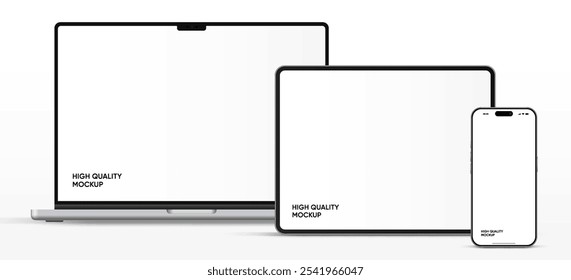 Modern laptop mockup front view and high quality smartphone and tablet mockup isolated on white background. Notebook mockup and phone device mockup for ui ux app and website presentation.Stock Vector.