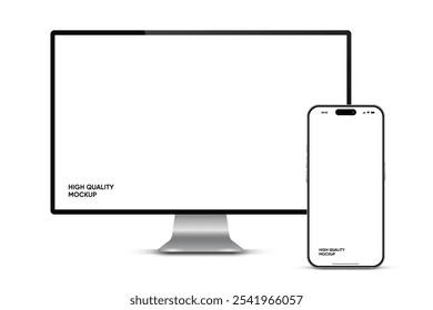 Modern laptop mockup front view and high quality smartphone and tablet mockup isolated on white background. Notebook mockup and phone device mockup for ui ux app and website presentation.Stock Vector.