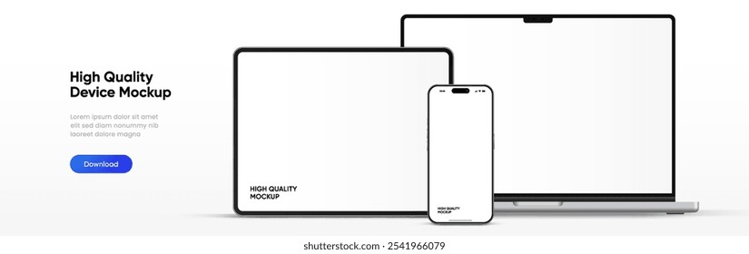 Modern laptop mockup front view and high quality smartphone and tablet mockup isolated on white background. Notebook mockup and phone device mockup for ui ux app and website presentation.Stock Vector.