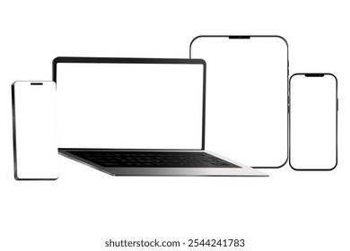 Maqueta moderna del ordenador portátil, vista frontal y maqueta del smartphone, alta calidad, aislado en el fondo blanco. Vector editable portátil y maqueta de dispositivo de teléfono.