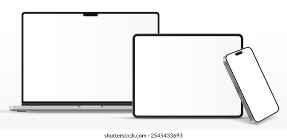 Vista frontal de la maqueta del ordenador portátil moderno y la maqueta del smartphone y de la tableta de alta calidad aislados en el fondo blanco. Maqueta de portátil y maqueta de dispositivo de teléfono para ui ux App y presentación de Sitio web. Vector de stock.