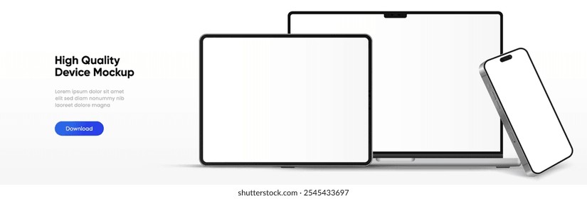 Vista frontal de la maqueta del ordenador portátil moderno y la maqueta del smartphone y de la tableta de alta calidad aislados en el fondo blanco. Maqueta de portátil y maqueta de dispositivo de teléfono para ui ux App y presentación de Sitio web. Vector de stock.