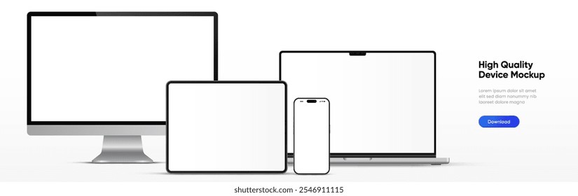 Vista frontal de la maqueta del ordenador portátil moderno y la maqueta del smartphone y de la tableta de alta calidad aislados en el fondo blanco. Maqueta de portátil y maqueta de dispositivo de teléfono para ui ux App y presentación de Sitio web. Vector de stock.