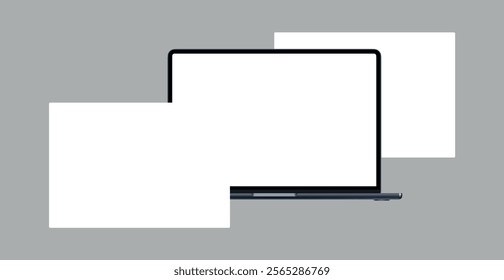 Modern laptop mockup front view and high quality smartphone and tablet mockup isolated on white background. Notebook mockup and phone device mockup for ui ux app and website presentation.Stock Vector.