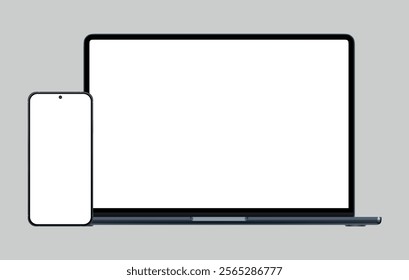 Modern laptop mockup front view and high quality smartphone and tablet mockup isolated on white background. Notebook mockup and phone device mockup for ui ux app and website presentation.Stock Vector.