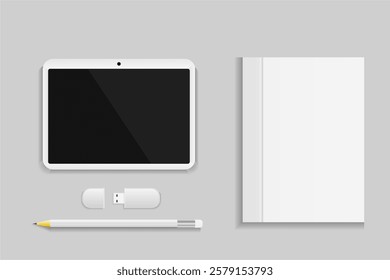 Modern laptop mockup front view and high quality smartphone and tablet mockup isolated on white background. Notebook mockup and phone device mockup for ui ux app and website presentation.Stock Vector.