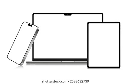 Modern laptop mockup front view and high quality smartphone and tablet mockup isolated on white background. Notebook mockup and phone device mockup for ui ux app and website presentation.Stock 10 eps.