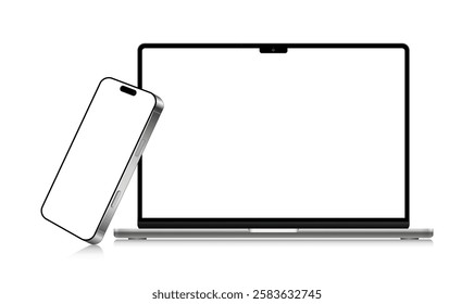 Modern laptop mockup front view and smartphone mockup high quality isolated on white background. Notebook mockup and phone device mockup for ui ux app, vector 10 eps.