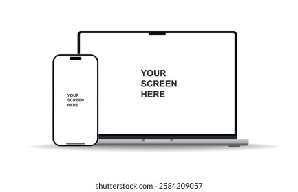 Modern laptop mockup front view and smartphone mockup high quality isolated on white background. Notebook mockup and phone device mockup for ui app