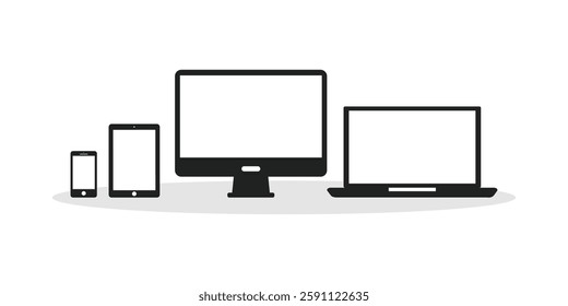 Modern laptop mockup front view and high quality smartphone and tablet mockup isolated on white background. Notebook mockup and phone device mockup for ui ux app and website presentation.Stock Vector.