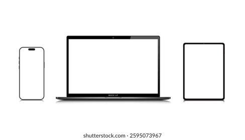 Modern laptop mockup front view and high quality smartphone and tablet mockup isolated on white background. Notebook mockup and phone device mockup for ui ux app and website presentation.Stock Vector.