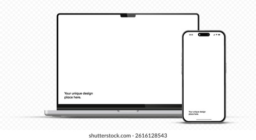 Modern laptop mockup front view and smartphone mockup high quality isolated on white background. Notebook mockup and phone device mockup for ui ux app and website presentation Stock Vector.
