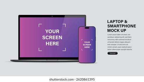 Modern laptop mockup front view and smartphone mockup high quality isolated on white background. Notebook mockup and phone device mockup for ui ux app and website presentation Stock Vector