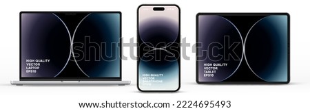 Modern laptop mockup front view and high quality smartphone and tablet mockup isolated on white background. Notebook mockup and phone device mockup for ui ux app and website presentation.Stock Vector.