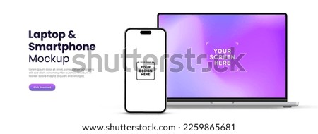 Modern laptop mockup front view and smartphone mockup high quality isolated on white background. Notebook mockup and phone device mockup for ui ux app and website presentation Stock Vector.
