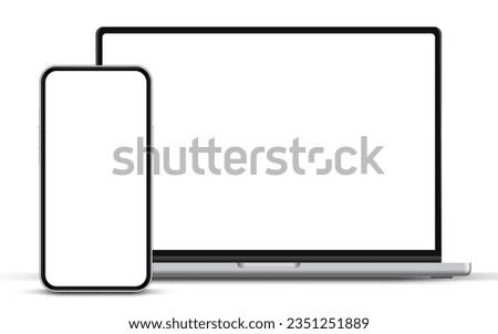 Modern laptop mockup front view and smartphone mockup high quality isolated on white background. Notebook mockup and phone device mockup for ui ux app and website presentation Stock Vector.