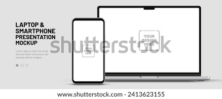 Modern laptop mockup front view and smartphone mockup high quality isolated on white background. Notebook mockup and phone device mockup for ui ux app and website presentation Stock Vector