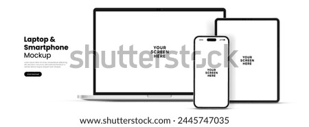 Modern laptop mockup front view and high quality smartphone and tablet mockup isolated on white background. Notebook mockup and phone device mockup for ui ux app and website presentation.Stock Vector.