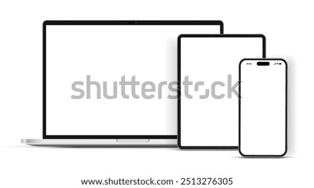 Modern laptop mockup front view and high quality smartphone and tablet mockup isolated on white background. Notebook mockup and phone device mockup for ui ux app and website presentation.Stock Vector.