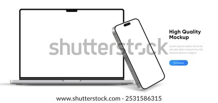 Modern laptop mockup front view and smartphone mockup high quality isolated on white background. Notebook mockup and phone device mockup for ui ux app