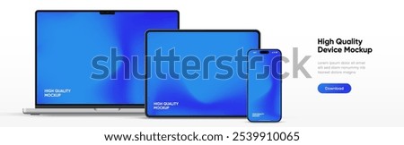 Modern laptop mockup front view and high quality smartphone and tablet mockup isolated on white background. Notebook mockup and phone device mockup for ui ux app and website presentation.Stock Vector.