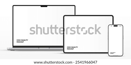 Modern laptop mockup front view and high quality smartphone and tablet mockup isolated on white background. Notebook mockup and phone device mockup for ui ux app and website presentation.Stock Vector.