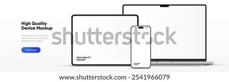 Modern laptop mockup front view and high quality smartphone and tablet mockup isolated on white background. Notebook mockup and phone device mockup for ui ux app and website presentation.Stock Vector.