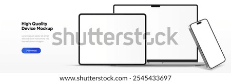 Modern laptop mockup front view and high quality smartphone and tablet mockup isolated on white background. Notebook mockup and phone device mockup for ui ux app and website presentation.Stock Vector.