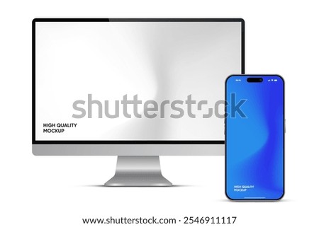 Modern laptop mockup front view and high quality smartphone and tablet mockup isolated on white background. Notebook mockup and phone device mockup for ui ux app and website presentation.Stock Vector.