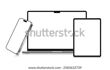 Modern laptop mockup front view and high quality smartphone and tablet mockup isolated on white background. Notebook mockup and phone device mockup for ui ux app and website presentation.Stock 10 eps.
