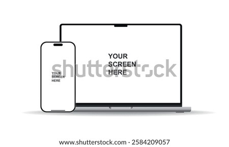Modern laptop mockup front view and smartphone mockup high quality isolated on white background. Notebook mockup and phone device mockup for ui app