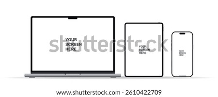 Modern laptop mockup front view, smartphone and tablet mockup isolated on white background. Notebook, phone and tablet device mockup for UI UX app and website presentation. Vector illustration