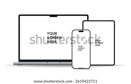 Modern laptop mockup front view, smartphone and tablet mockup isolated on white background. Notebook, phone and tablet device mockup for UI UX app and website presentation. Vector illustration