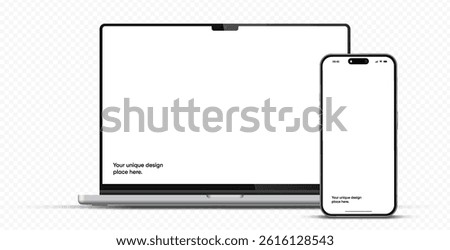 Modern laptop mockup front view and smartphone mockup high quality isolated on white background. Notebook mockup and phone device mockup for ui ux app and website presentation Stock Vector.