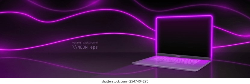 Modern laptop mockup illuminated by purple neon lights on dark backdrop. Wavy glowing lines pattern behind bright edged display and keyboard. Background for cyberpunk, gaming or tech presentation.